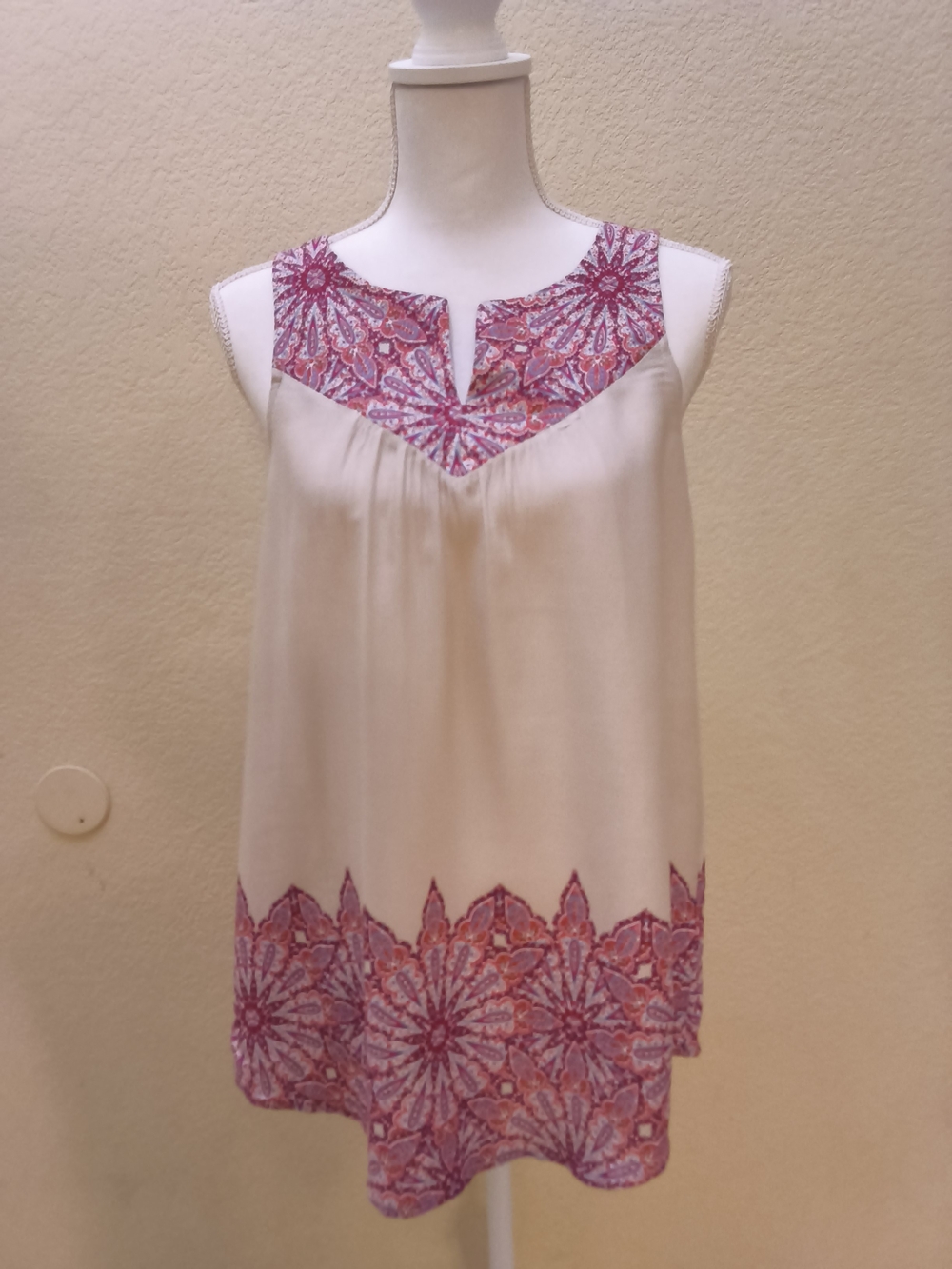 Ella Moss Cream Tank with Pink Patterned Yoke & Hem